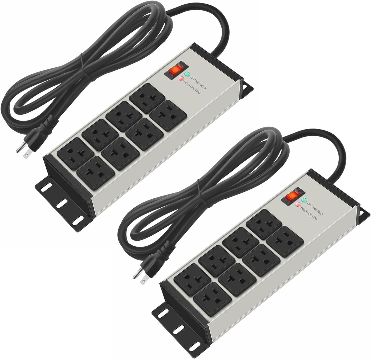 CCCEI 2PCS Heavy Duty Power Strip Surge Protector 20 AMP, 8 Outlets 12 Gauge Industrial Shop Garage Metal Multiple Outlets, 6 FT Extension Cord 5-15P Adapter High Amp 6-20R T-Slot 20a for Appliance