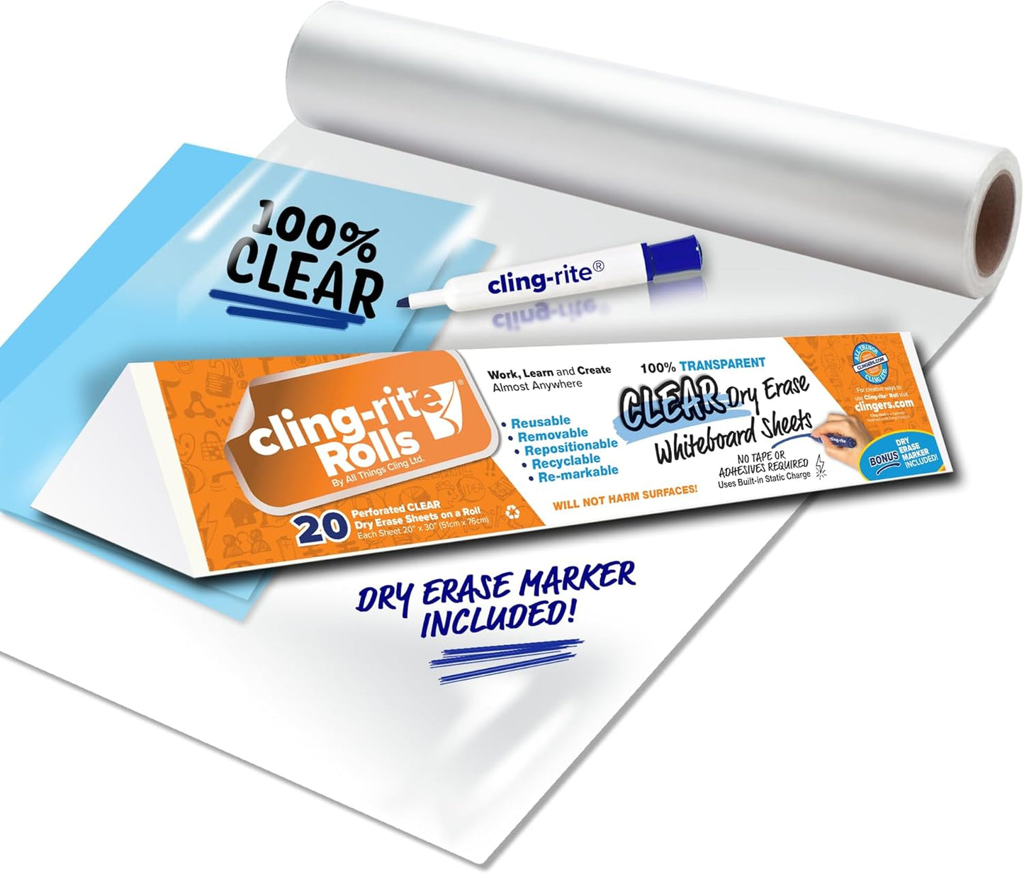 Clingers Clear Dry Erase Cling-rite Rolls - Removable, Recyclable Whiteboard Sheets, 20x30 Inch, 20 Clear Sheets for School, Office Decor, and Art Projects & Dry Erase Marker Included - American Made