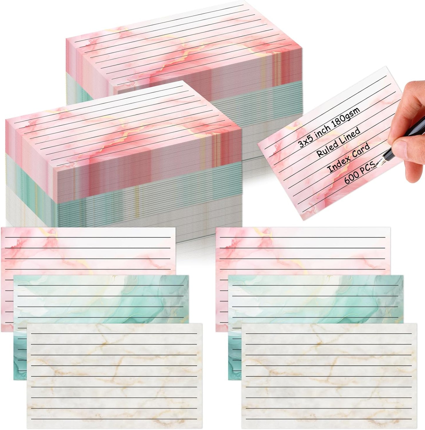 600 Pack Colored Index Cards 3x5 Marble Notecards Lined FlashCards for Studying Heavy Note Cards 180 gsm Memo Cards for Office Home School Supplies