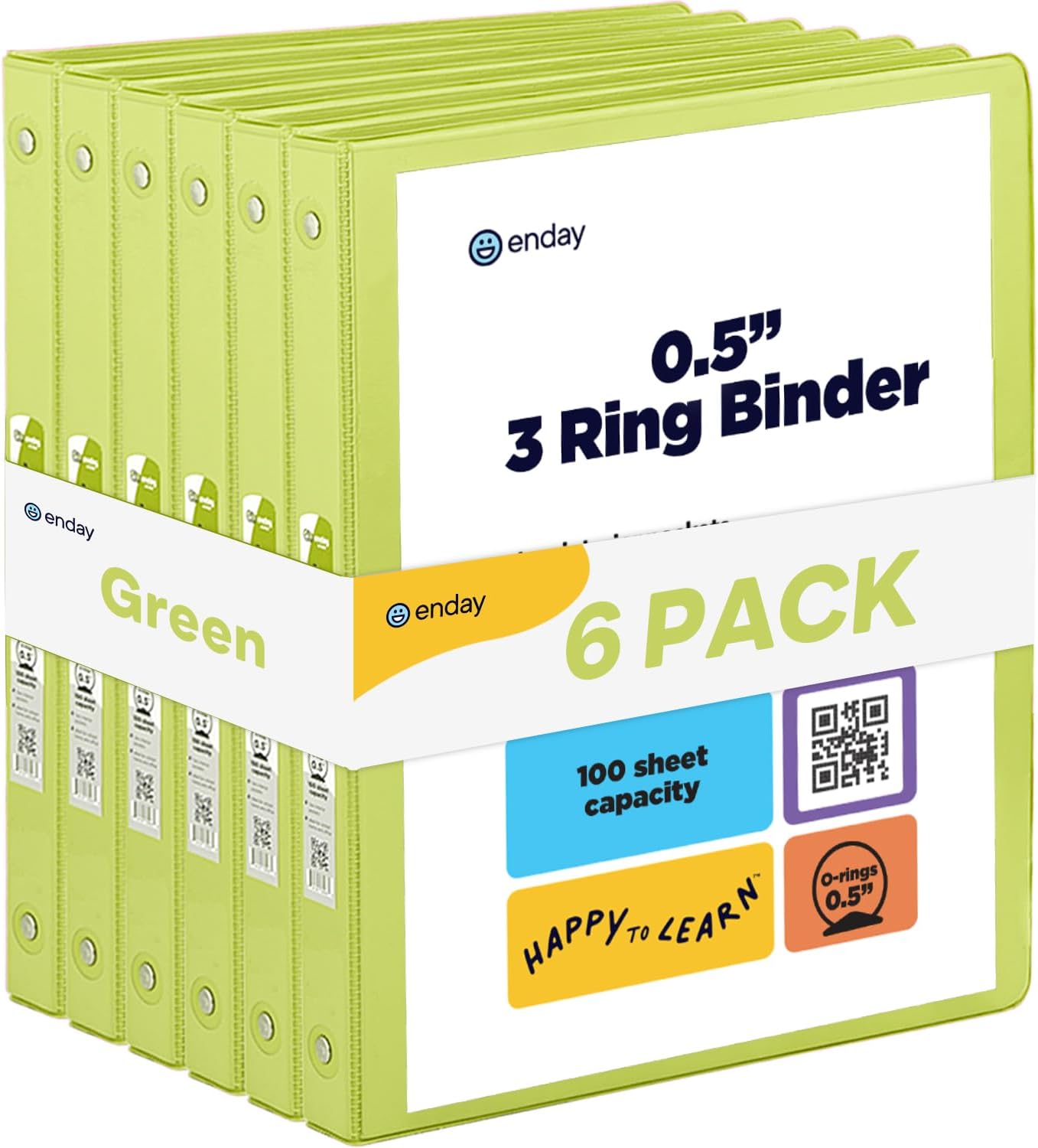 ½ Inch 3 Ring Binder Green, .5 Inch Round Ring Clear View Cover with 2 Inside Pockets Binders, Colored School Supplies Binders, Also Available in Pink, Red, Purple, Blue, and Grey (6 PC) – by Enday