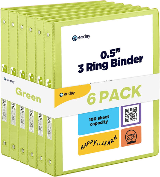 ½ Inch 3 Ring Binder Green, .5 Inch Round Ring Clear View Cover with 2 Inside Pockets Binders, Colored School Supplies Binders, Also Available in Pink, Red, Purple, Blue, and Grey (6 PC) – by Enday