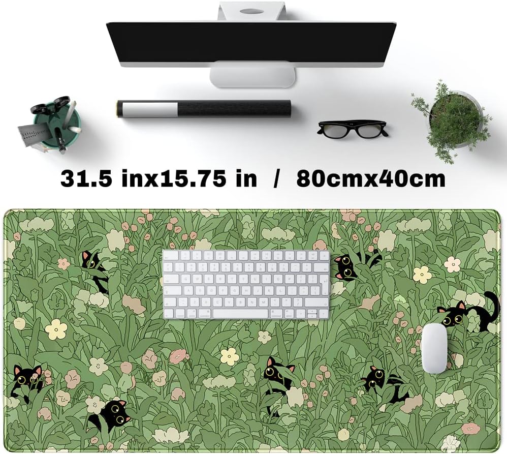 Green Desk Mat XL Cat Cute Plant Cool Desk Pad Keyboard Mat Kawaii Black Cat Flower Mouse Pad Green Desk Mat Desk Decor with Stitched Edges Non-Slip Large Computer Mat 31.5x15.7in