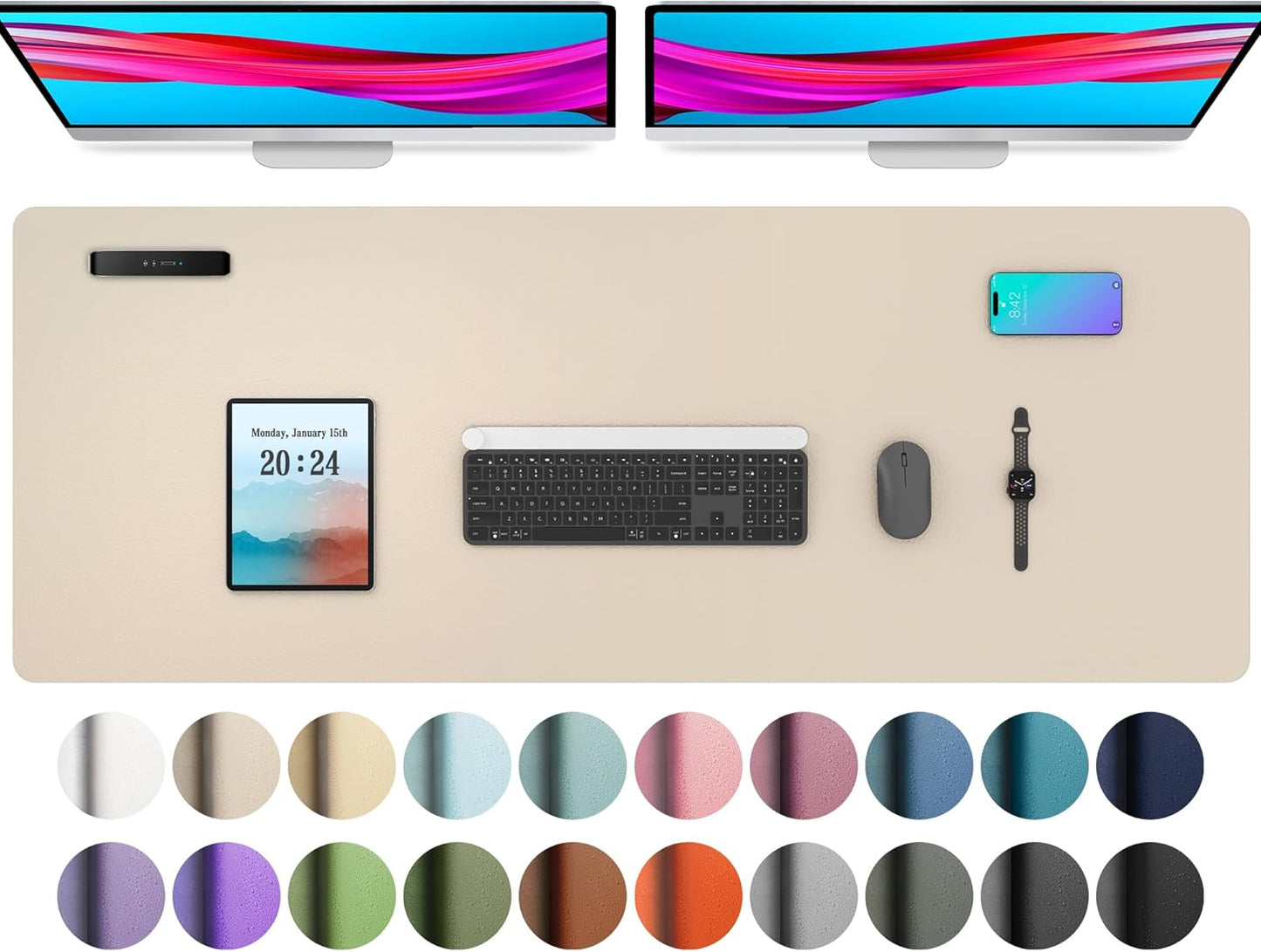 Aothia Leather Desk Pad Protector, Office Desk Mat, Large Mouse Pad, Non-Slip PU Leather Desk Blotter, Laptop Desk Pad, Waterproof Desk Writing Pad for Office and Home (48"x17", Beige)