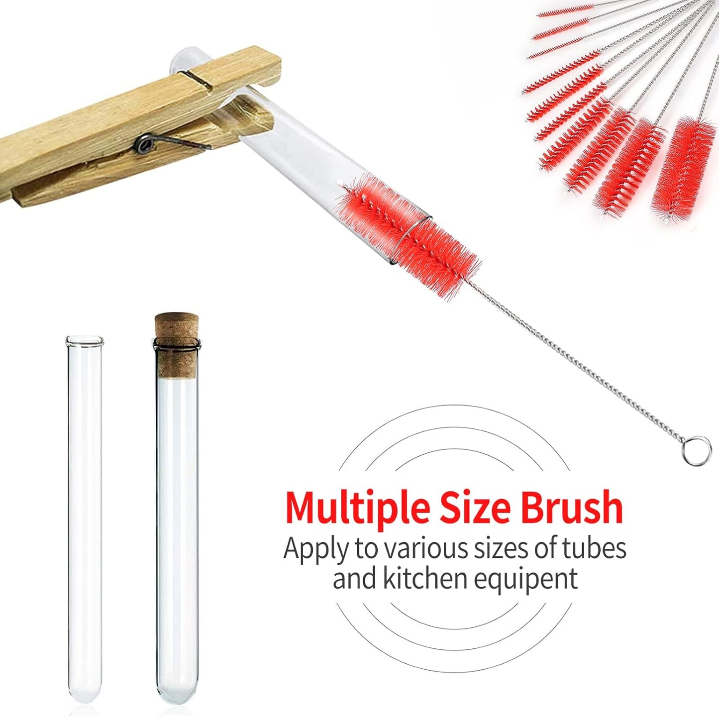 CiaraQ Bottle Cleaning Brushes, 8 Inch Nylon Tube Brush Set, Cleaner for Narrow Neck Bottles Cups with Hook, Set of 10pcs. Red