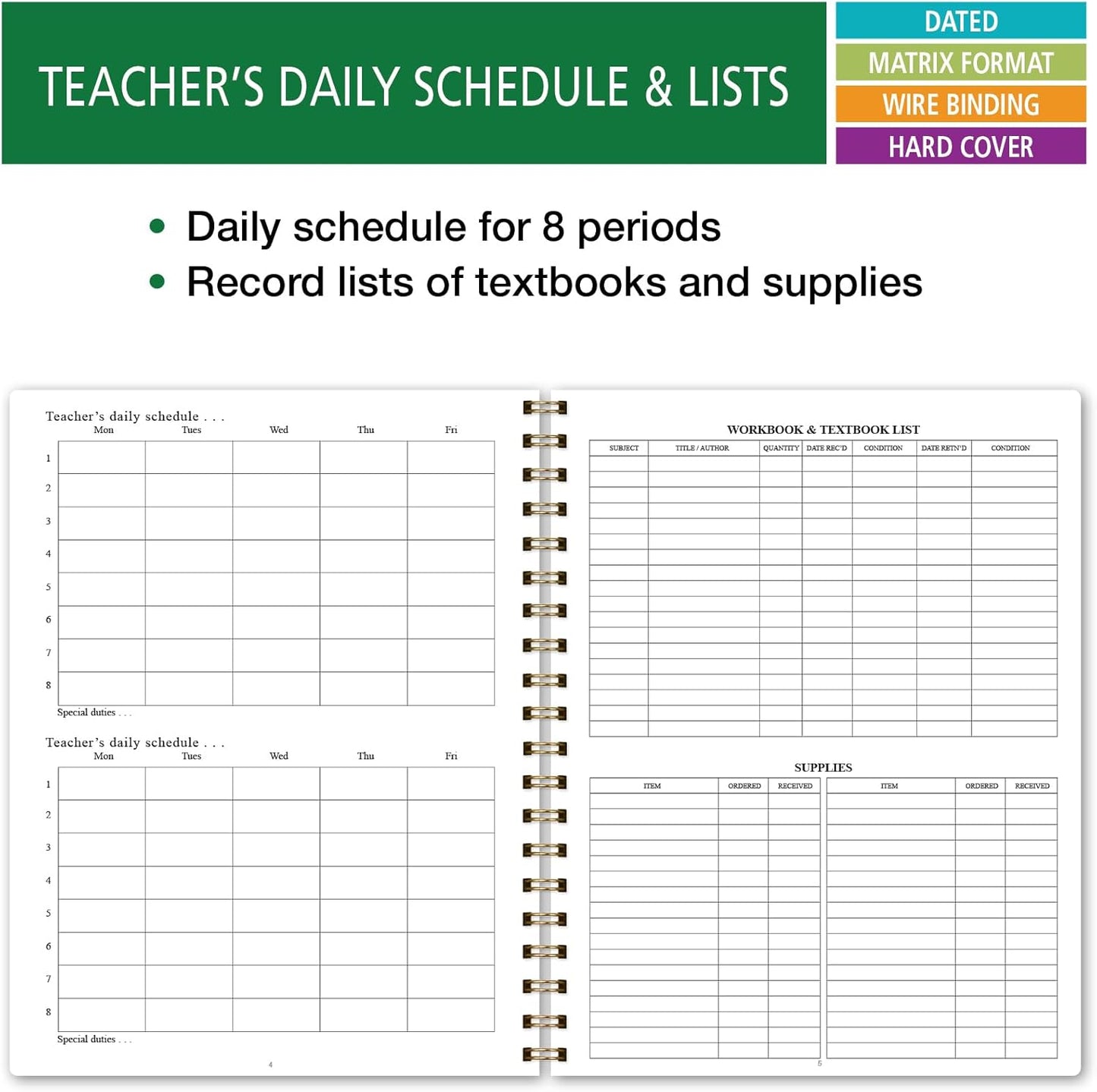 Elan Publishing Company HARDCOVER 7 Period Dated Teacher Lesson Plan; Days Horizontally Across The Top Dated for 2025-2026 Academic Year with Bonus Clip-in Bookmark (Tree Seasons)