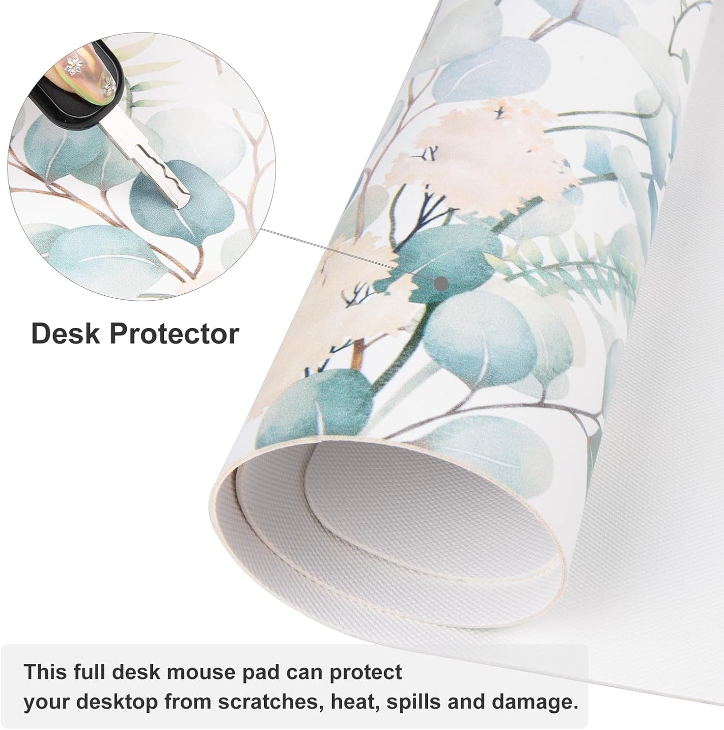 QIYI Large Mouse Pad for Desk, Cute Desk Mat for Desktop, Women Girls Green Office Décor Desk Accessories, PU Leather Waterproof Gaming Mousepad, Eucalyptus Leaf Desk Pad Computer Mat, 31.5" x 15.7"