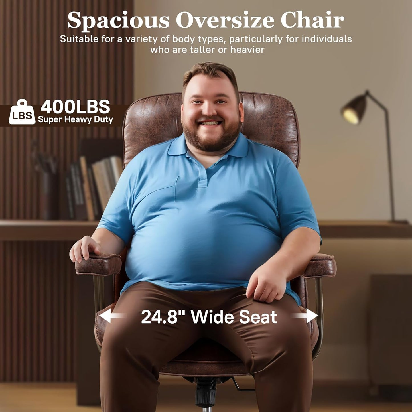 Mid Century Modren Large Office Chair, Big and Tall Ergonomic Executive Chair for Heavy Duty People, Computer Desk Task Chair with Wheels, Faux Lether Fabric Wide Chair for Home Sturdy,Dark Brown