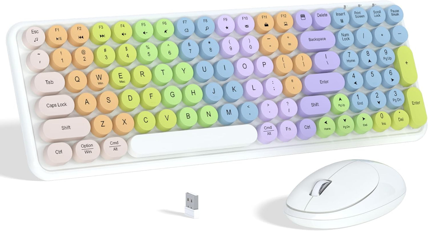 Colorful Wireless Keyboard Mouse Combo, Gradient Rainbow Colors 100 Keys and 2.4GHz Optical Mouse Connection for Windows, Mac, Laptop, PC, Desktop (White Colorful)