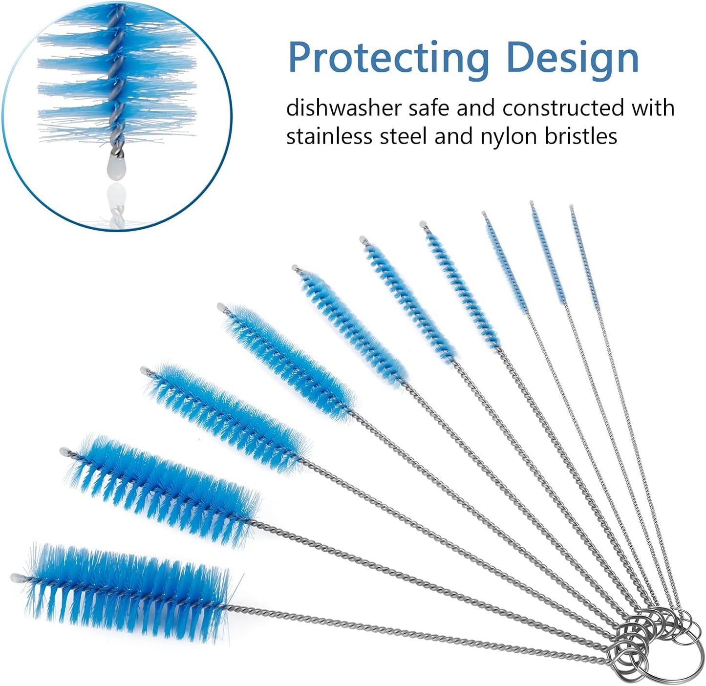 CiaraQ Bottle Cleaning Brushes, 8 Inch Nylon Tube Brush Set, Cleaner for Narrow Neck Bottles Cups with Hook, Set of 10pcs. Blue