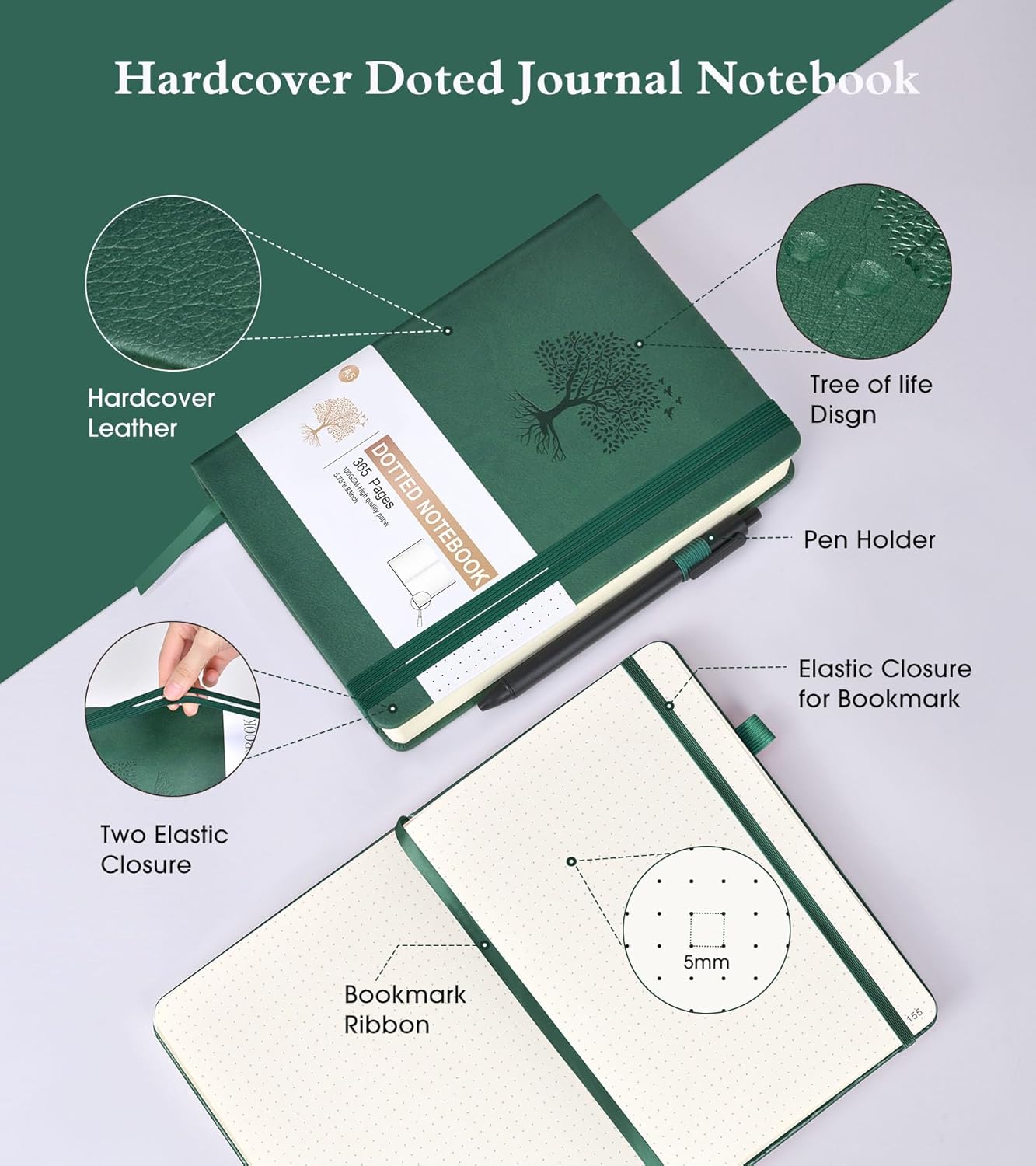 Dotted Journal Notebook, 360 Numbered Pages Bullet Dot Grid Journal,100gsm Dot Paper Thick Hardcover Leather Journal for Writing Women Men, A5 Dotted Grid Notebooks for Work 5.75" x 8.38" Green
