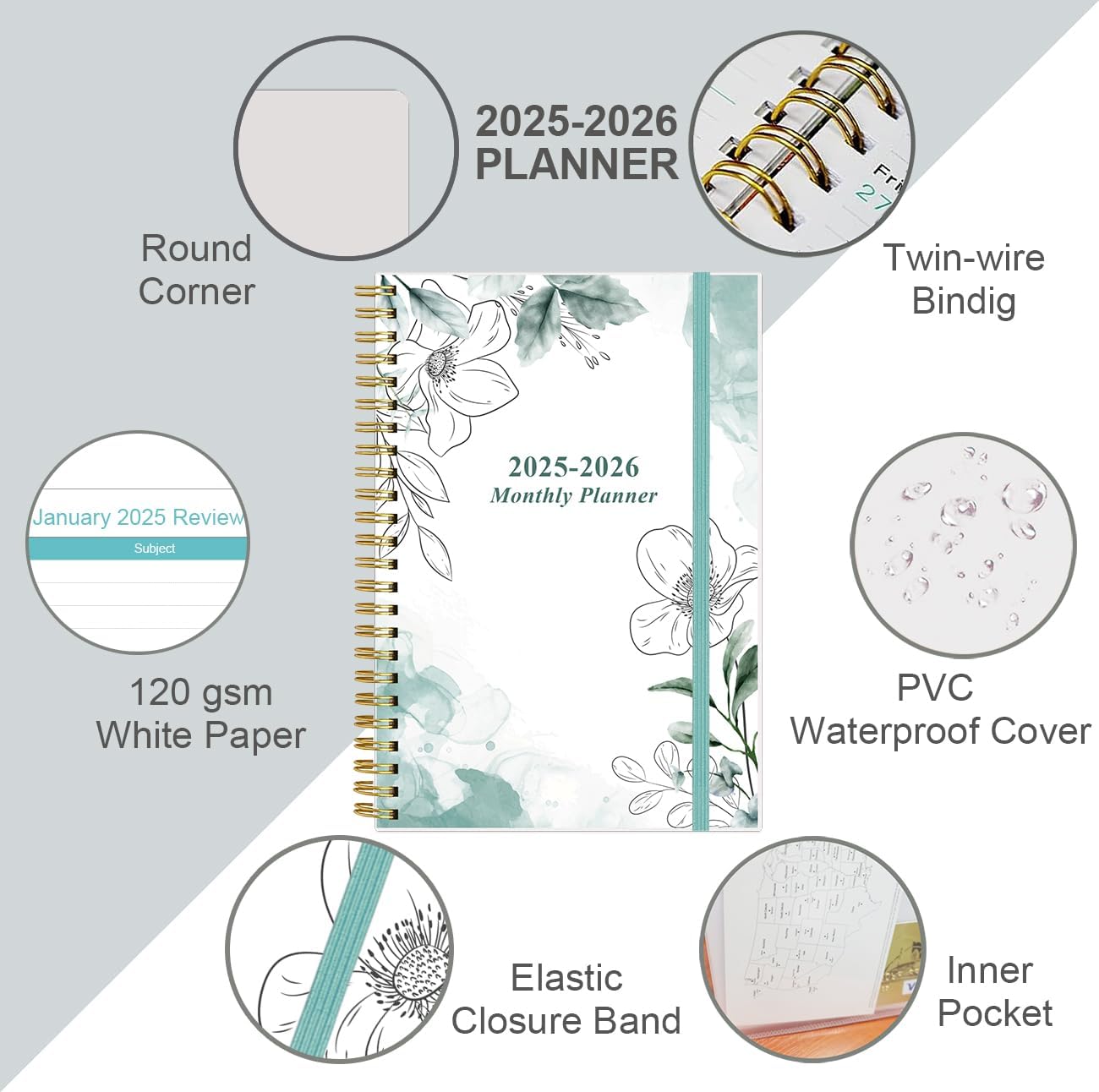 2025-2026 Monthly Planner - July 2025 - December 2026, Two Pages Per Month, 18 Monthly Calendar/Planner with Tabs, Strong Twin-Wire Binding, Inner Pocket, 6.4" x 8.5", Teal Flowers