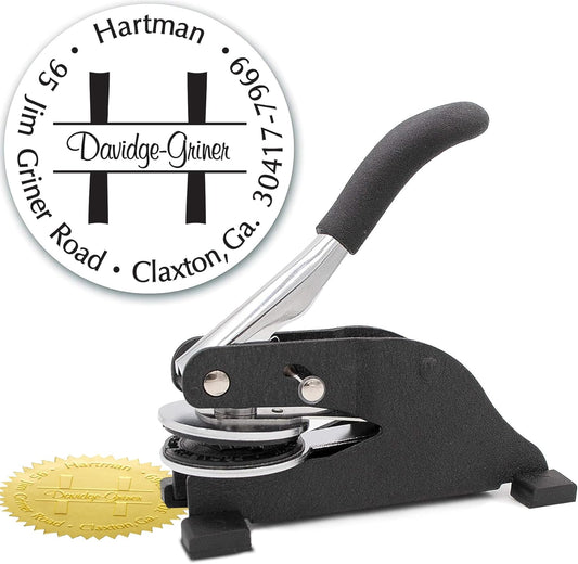 Custom Monogram Address Desk Embosser - Personalized Round Seal with 50 Gold Seal Labels - Style EMD-026