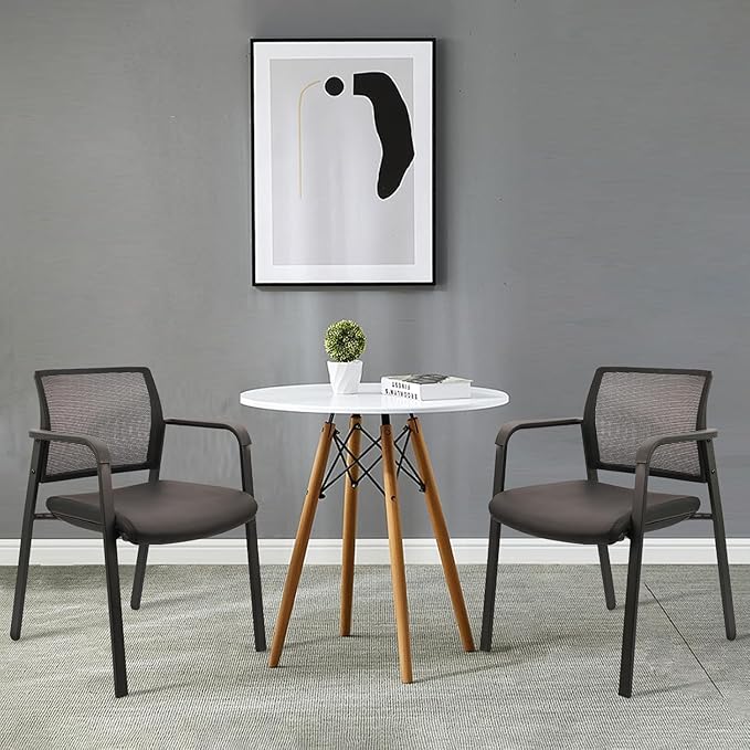 CLATINA Stackable Office Chair, Mesh Back Guest Chairs with Comfortable Leather Seat Arms Stacking Ergonomic Desk Chair No Wheels for Conference Waiting Reception School Stationary, Black, Set of 8