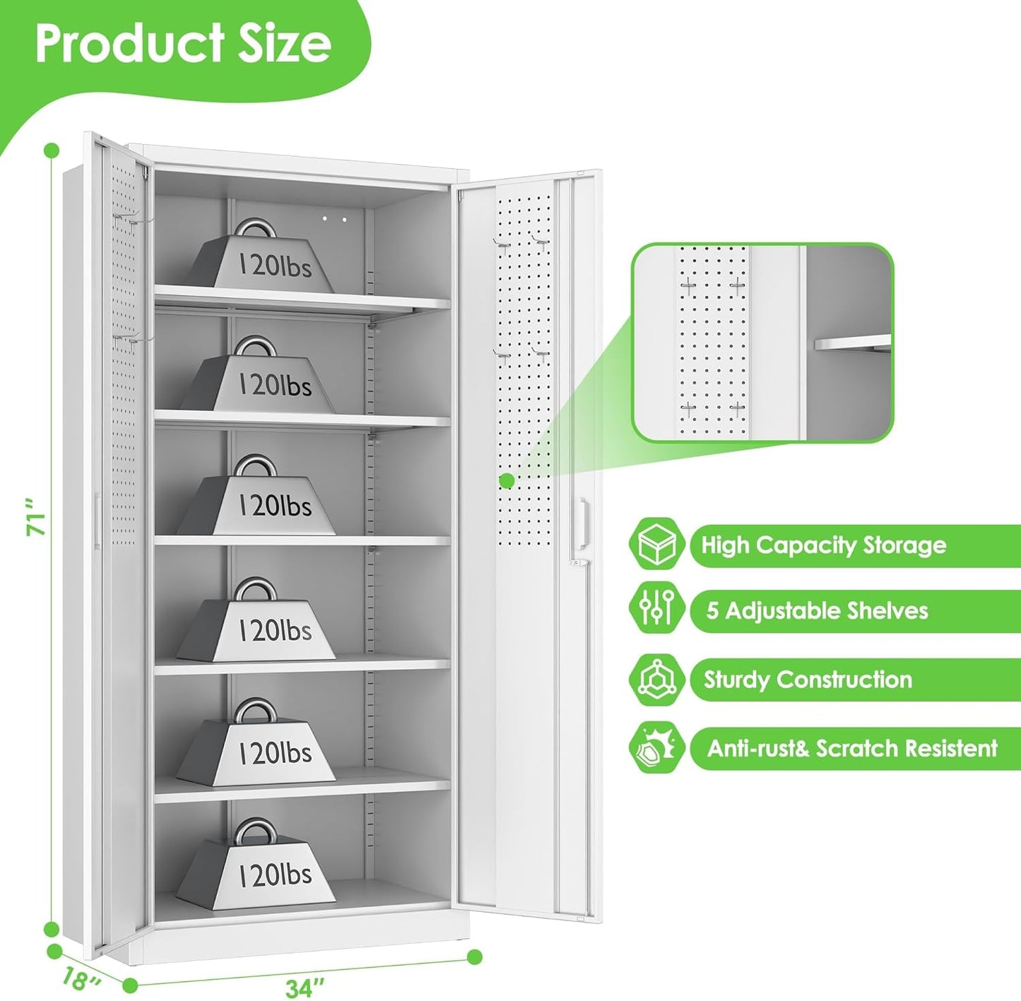 Aobabo Upgraded 71" H×34" W×18" D Metal Garage Storage Cabinet with Pegboards, Lockable Steel Cabinet with 5 Adjustable Shelves and 4 Hooks for Garage, Home, Office, White,Assembly Required