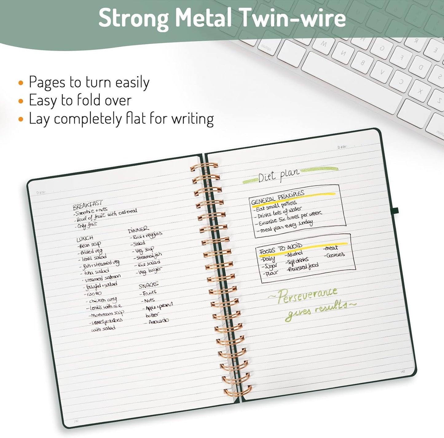 Forvencer A4 Lined Spiral Journal Notebook with 300 Numbered Pages, 11" X 8.5" Thick Journals for Writing with 100GSM Paper, Hardcover Notebooks with Contents for Work, School, Dark Green