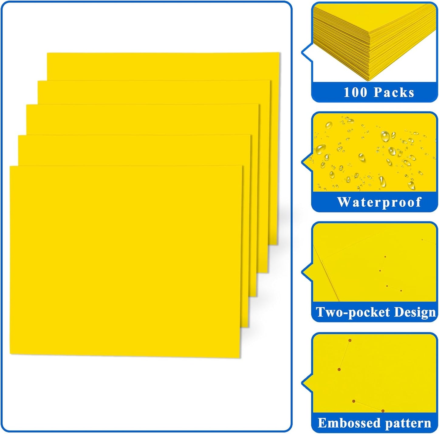 Zzrywuty 50 Packs Two Pocket File Folders with Business Card Slot,Textured Paper,Letter Size,Holds 100 Plus Sheets for School,Office,Business,Yellow