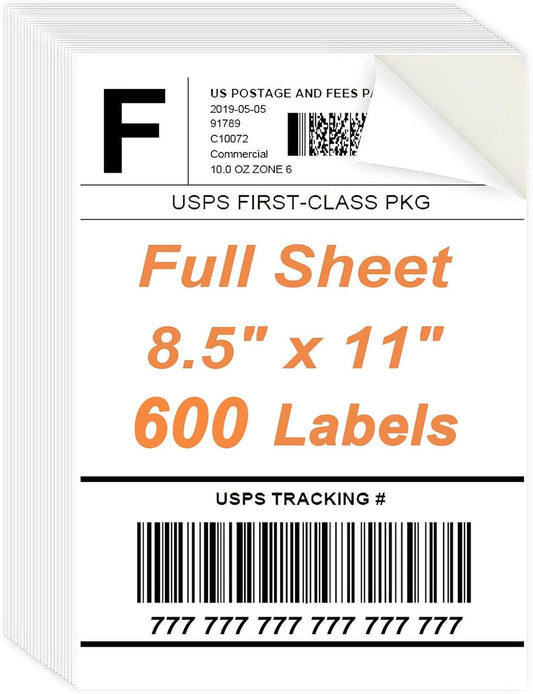 8.5" x 11" Sticker Paper for Inkjet Printers - 600 Sheets Full Sheet Shipping Labels Printable Full Page Labels 8.5×11 White Sticker Paper for Laser Printing - Matte