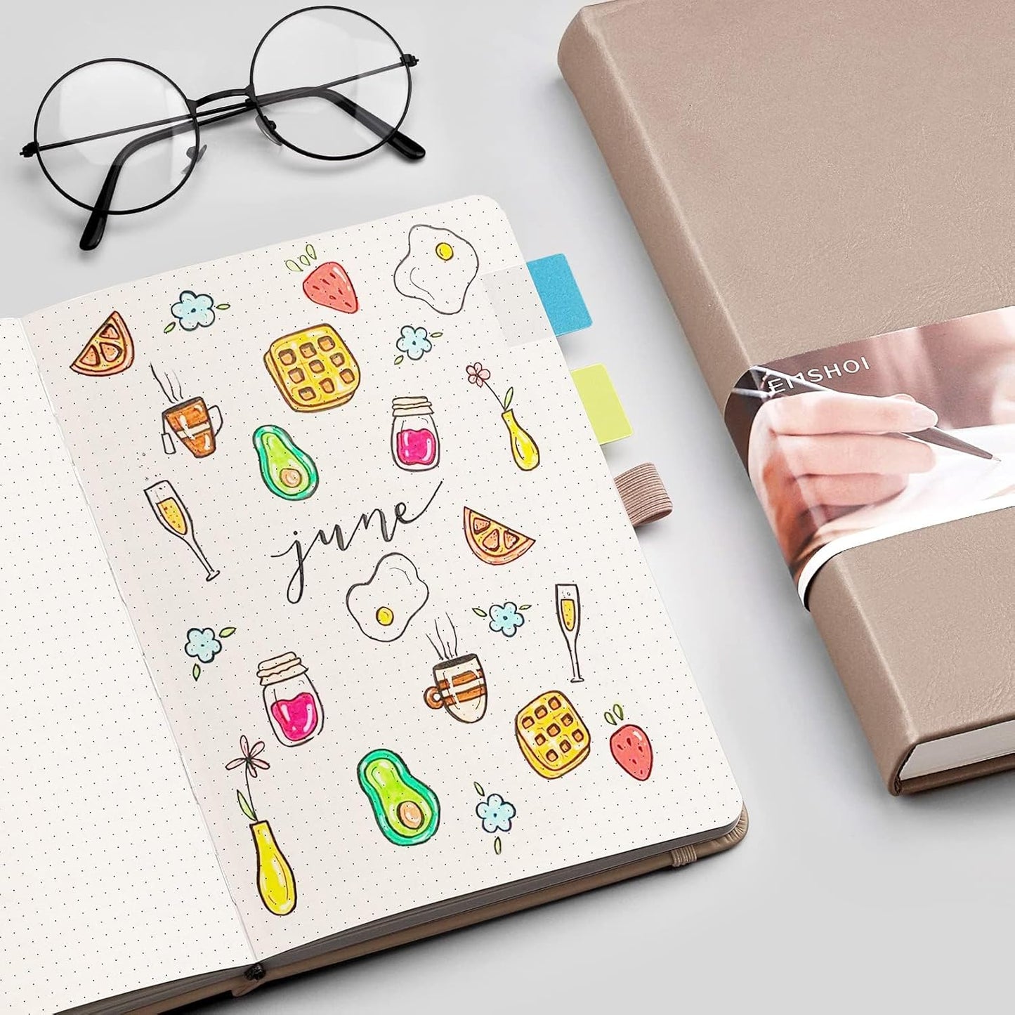 EMSHOI Dotted Notebook - 256 Pages A5 Dot Grid Journal Bullet Notebook with 120gsm Thick Dotted Paper,16 Perforated Pages, Hardcover Leather, Pen Holder, Inner Pocket, 5.75'' × 8.38''-Khaki