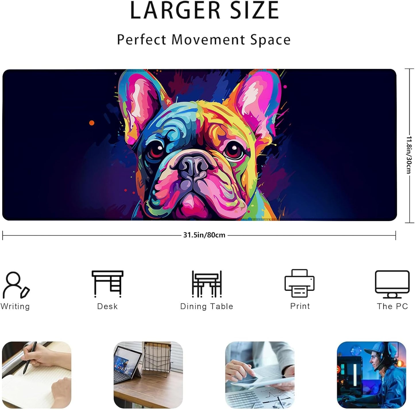 Colorful French Bulldog Gaming Mouse Pad Gifts 31.5" x 11.8", Non-Slip Rubber Base MousePads for Computers Laptop School Office Home Accessories Decor, Mouse Pad, Keyboard Desk Mat