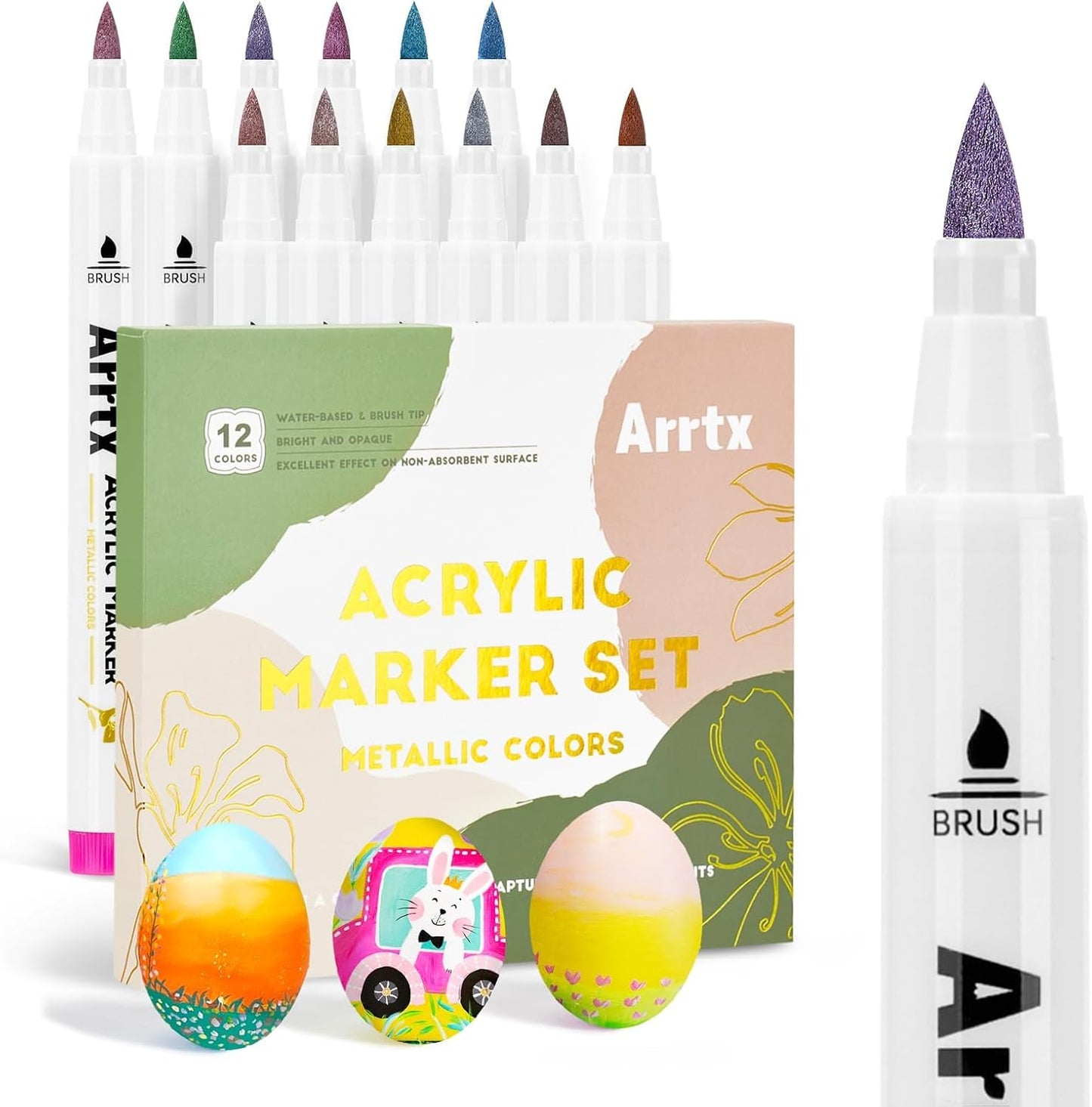 Arrtx 12 Colors Metallic Acrylic Paint Pens for Rock Painting, Extra Fine Tip Metallic Brush Marker for Rock Painting, Ceramic, Glass, Canvas, Mug, Wood, Easter Egg, Waterproof Paint DIY Crafts Making