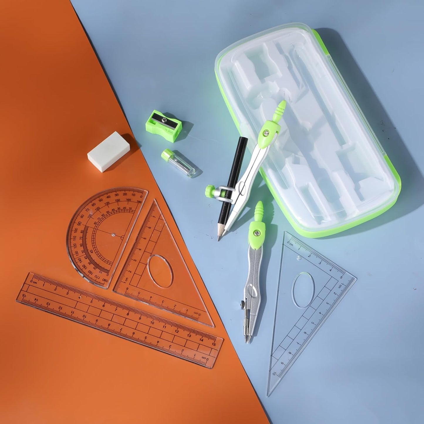 Zonon Math Geometry Set 10 Pcs Student Supplies with Shatterproof Storage Box, Includes Rulers Protractor Compass Pencil Sharpener Lead Refills Eraser Pencil for Drafting and Drawings(Green)