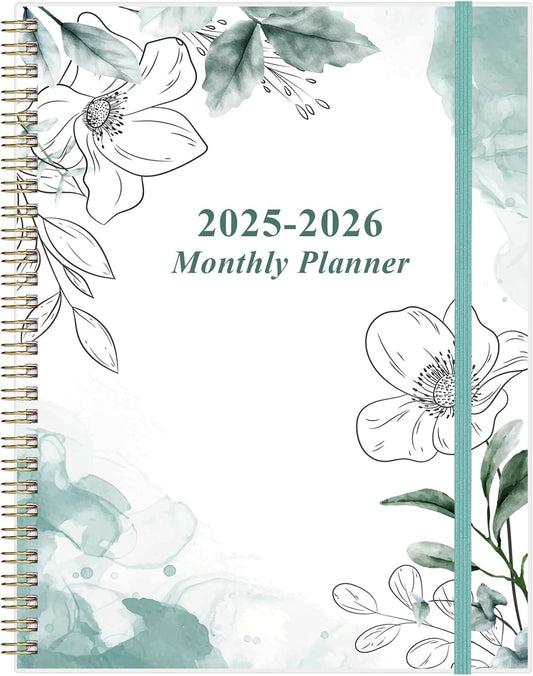 2025-2026 Monthly Planner - 18 Monthly Calendar, July 2025 - December 2026, Two Pages Per Month, 9" x11" Planner with Tabs, Strong Twin-Wire Binding, Inner Pocket, Teal Floral