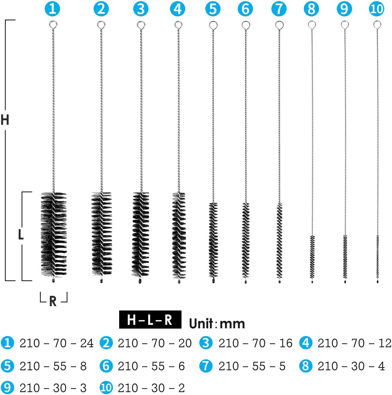 8.2 Inches Nylon Tube Brush Set, Nylon Bottle Cleaning Brush Set, 10 Pieces Variety Pack for Glasses Drinking Straws, Keyboards, Jewelry Cleaning, Antistatic Brushes, Pipe Brushes (Set of 10)