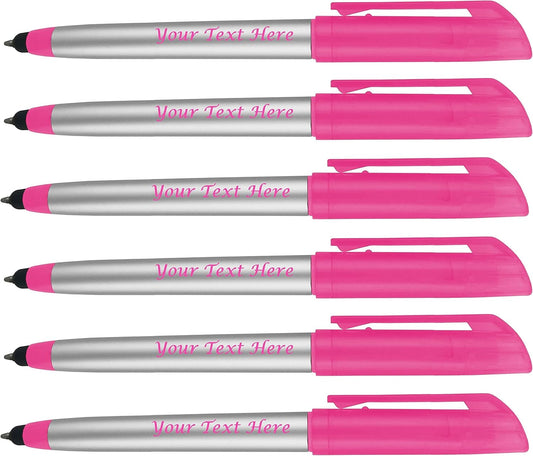 Personalized Pens with Highlighter and Stylus -250 Pack Bulk-Free Imprint - 3 In Highlighter, Ballpoint Pen, and Stylus Combo- add Custom Business Name, Logo or Gift Message- Pink
