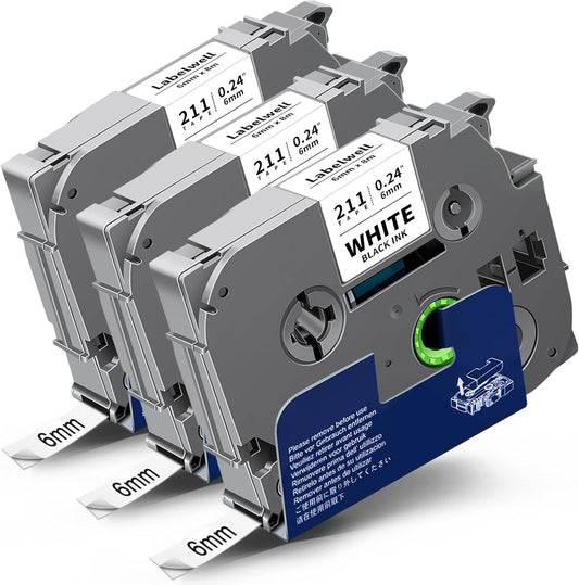 6mm 0.23 Inch Laminated White Compatible with P Touch TZe-211 TZe211 TZ Tape Refills for P Touch PT-H110 D200 D210 D220 D400 Label Maker (Black on White, 3-Pack)