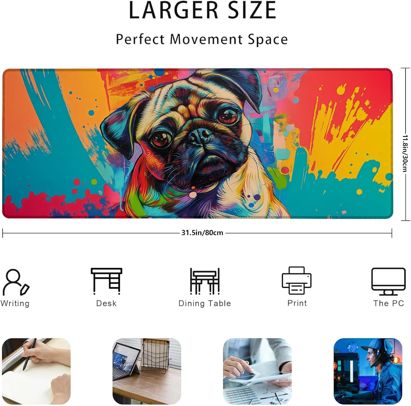 Colorful Pug Dog Gaming Mouse Pad Gifts 31.5" x 11.8", Non-Slip Rubber Base MousePads for Computers Laptop School Office Home Accessories Decor, Mouse Pad, Keyboard Desk Mat