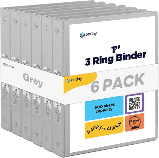 3 Ring Binder Grey, 1 Inch, 1” Clear View Cover with 2 Inside Pockets Round Ring Binder, Colored School Supplies Binders, Also Available in Pink, Blue, Purple, Green, and Red (6 PC) – by Enday