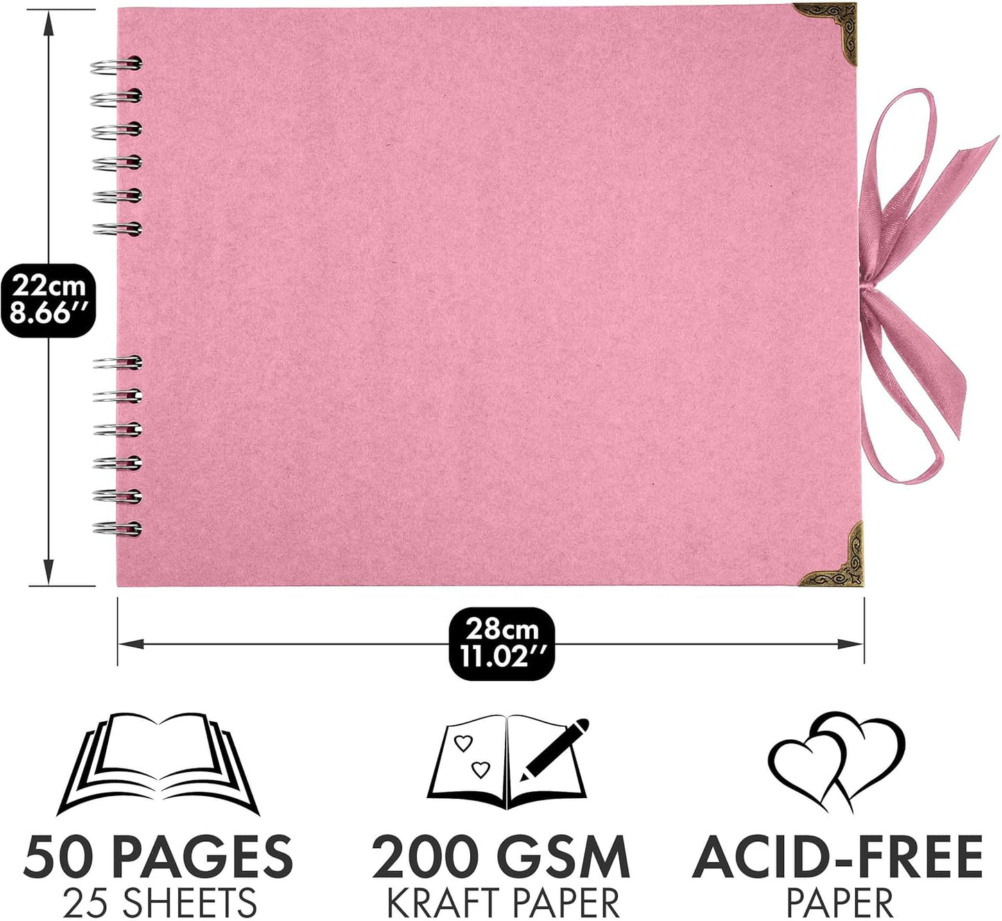 Bstorify Square Scrapbook Photo Albums 50 Pages (11 x 8.5 Inch) Pink Thick Paper, Hardcover, Ribbon Closure - Ideal for Your Scrapbooking Albums, Art & Craft Projects (Pink, 11 x 8.5 Inch)