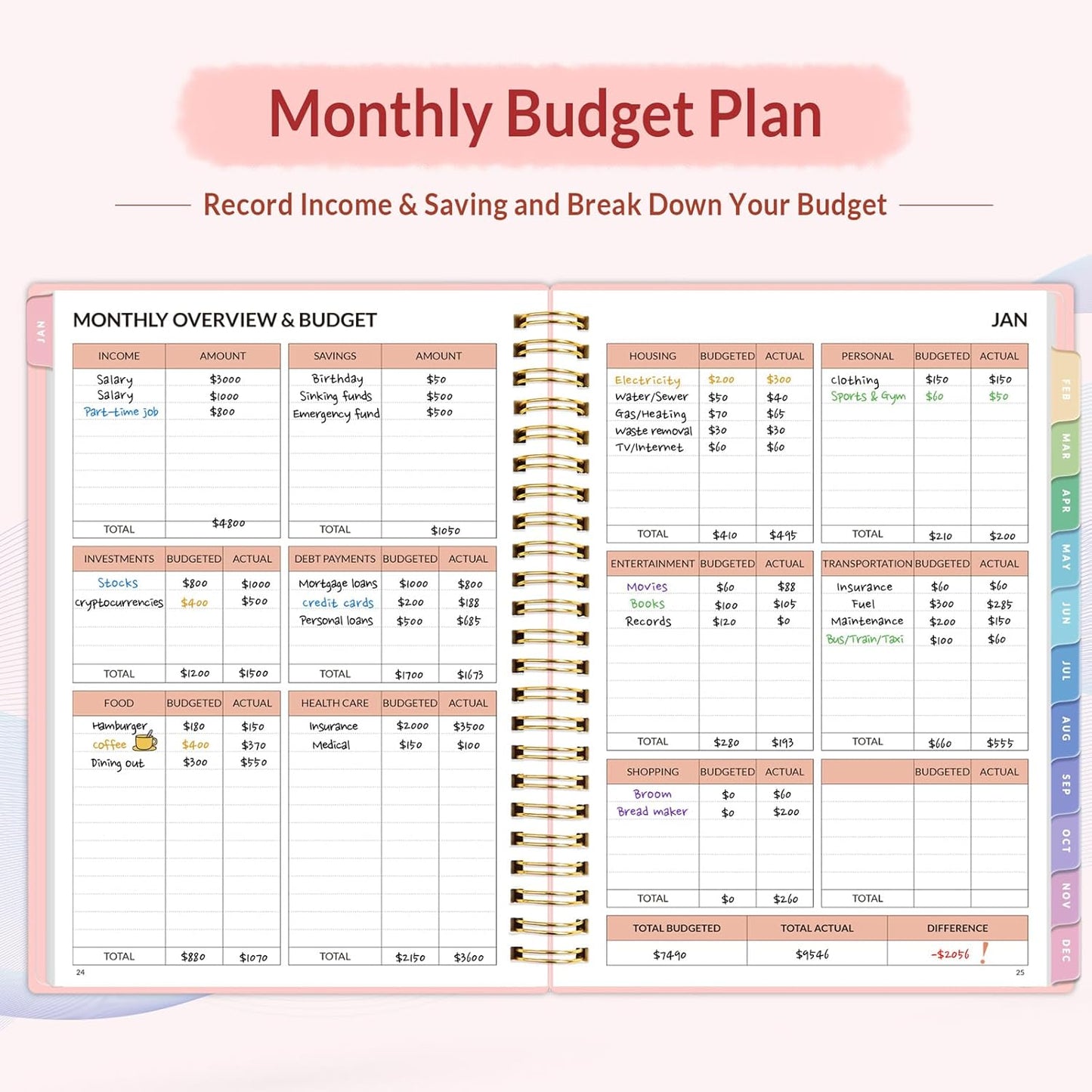 2026 Budget Planner - Monthly Budget Book from JAN 2026 - DEC 2026 with Expense Tracker Notebook, A5 Size (6.4" x 8.3") Bill Organizer & Finance Planner Account Book to Manage Your Finances, Pink