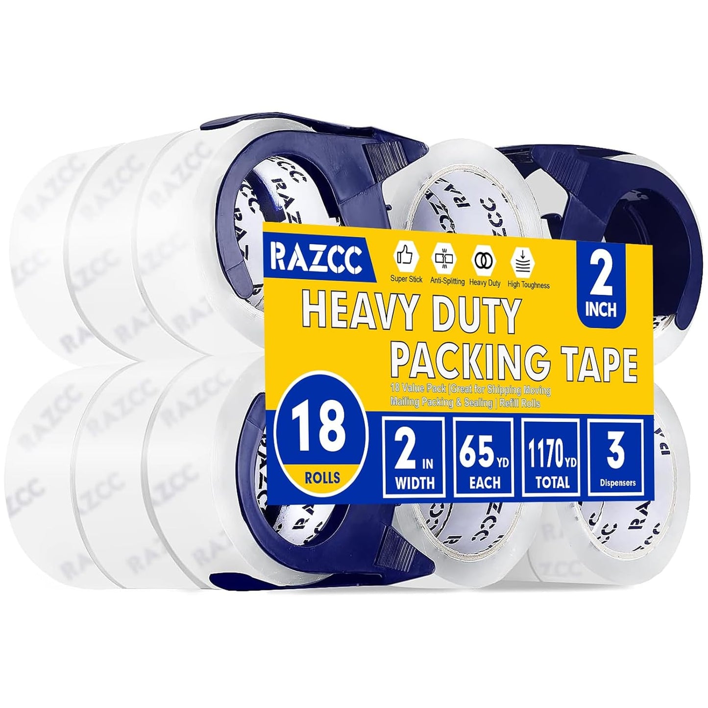 Clear Packing Tape, 18 Rolls Heavy Duty Packaging Tape with Dispensers for Packing Shipping Moving and Sealing, Thicker Packing Tape-2" x 65 Yards Per Roll, 1170 Total Yards