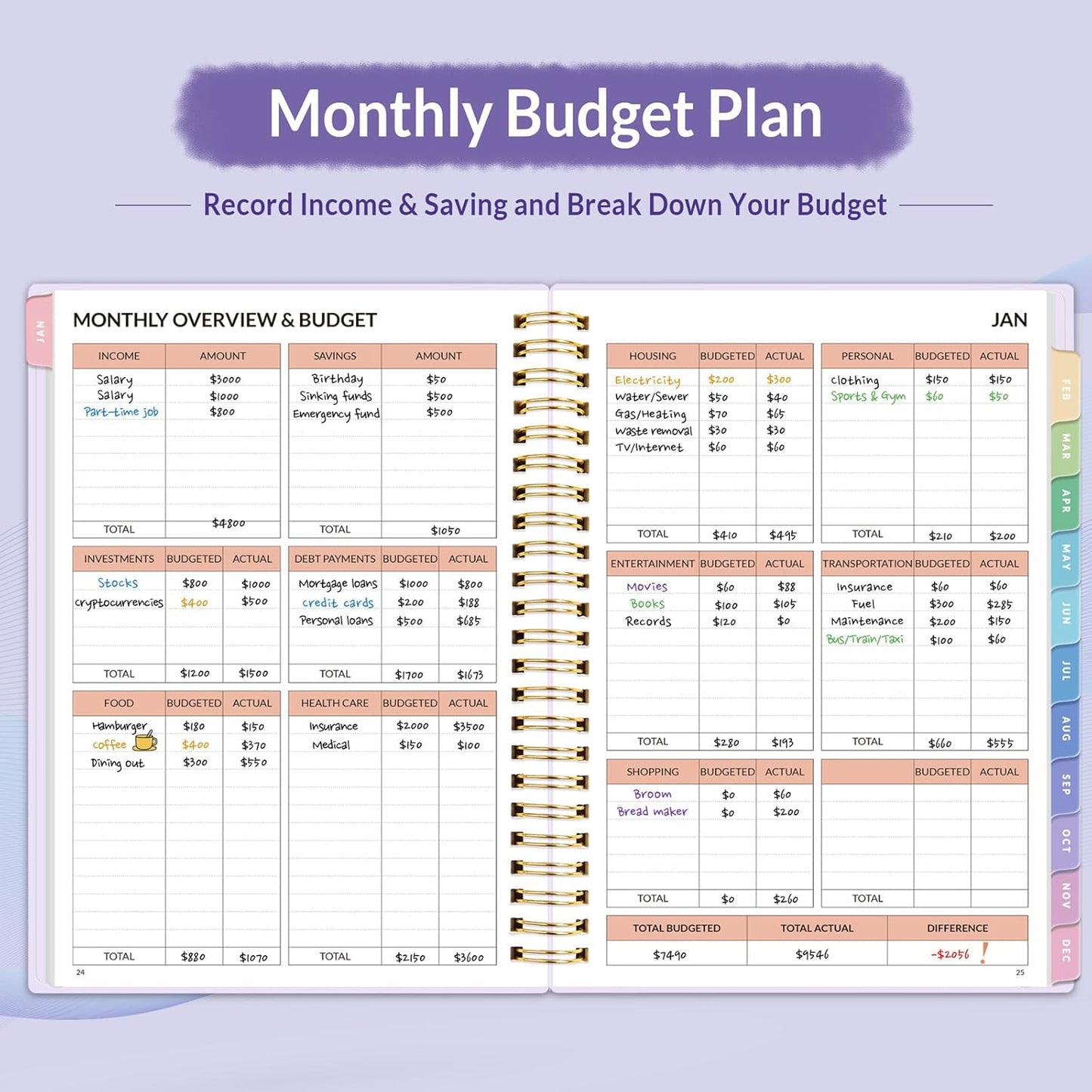 2026 Budget Planner - Monthly Budget Book from JAN 2026 - DEC 2026 with Expense Tracker Notebook, A5 Size (6.4" x 8.3") Bill Organizer & Finance Planner Account Book to Manage Your Finances, Purple