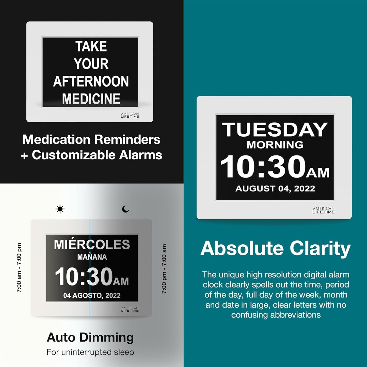 American Lifetime New 2025 Dementia Clock Large Digital Clock for Seniors, Large Display with Custom Alarms, Calendar Clock with Day & Date for Elderly, Clear Numbers Alzheimer Digital Clock White