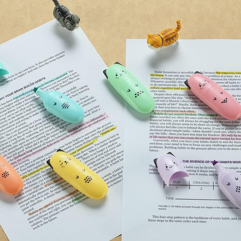 6 pieces Cat Shape Cute Mini Highlighter Pen Pastel Color Chisel Tip Kawaii Kids Stocking Stuffers Gift Highlighter Marker