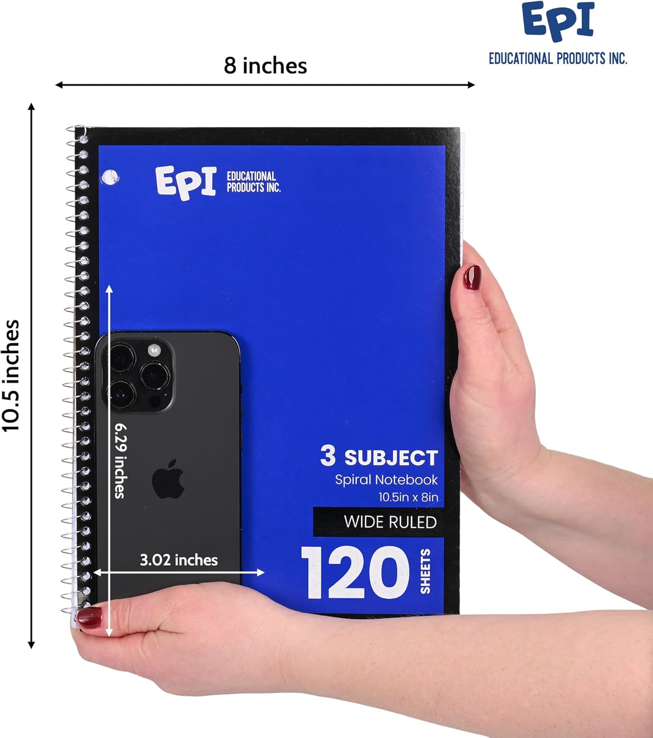 EPI Spiral Notebook | 3 Subject - Wide Ruled - 120 Sheets, Durable Spiral Binding | 10.5 x 8 in | Classroom Supplies | School, Office, Note Taking, Journaling - 3 Pack