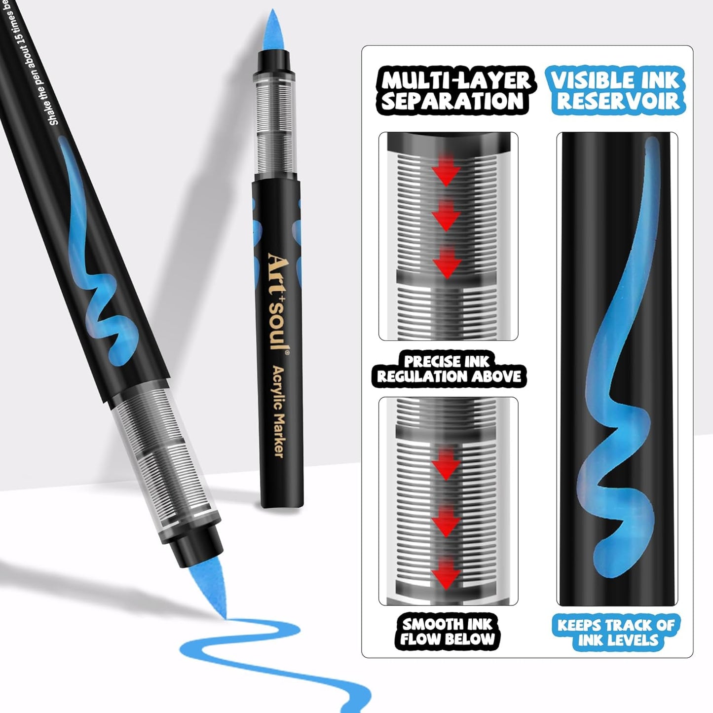 Art+soul Acrylic Paint Markers, 12 Colors - Soft Brush Tip & Automatic Ink Control System, Big Volume Ink for Rock Painting, Paper, Wood, Stone, Canvas, Glass Surfaces, DIY Crafting & Art Supplies