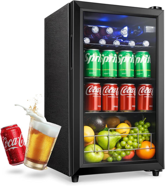 2.6 Cu.Ft Beverage Refrigerator and Cooler, Fridge with Tempered Glass Door, 126 Cans Wine Drink Beer Fridge for Office Bedroom Bar, 7 Level Temperatures, Adjustable Shelves