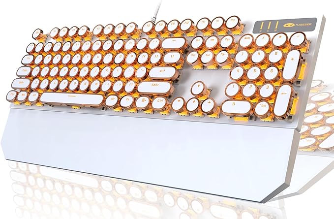 Typewriter Style Mechanical Keyboard, Retro Punk Gaming Keyboard with Gold LED Backlit, Cute Wired Keyboards,104 Keys Full Size Keyboards, Uique Round Keycaps for Windows/Mac/PC(White&Gold)