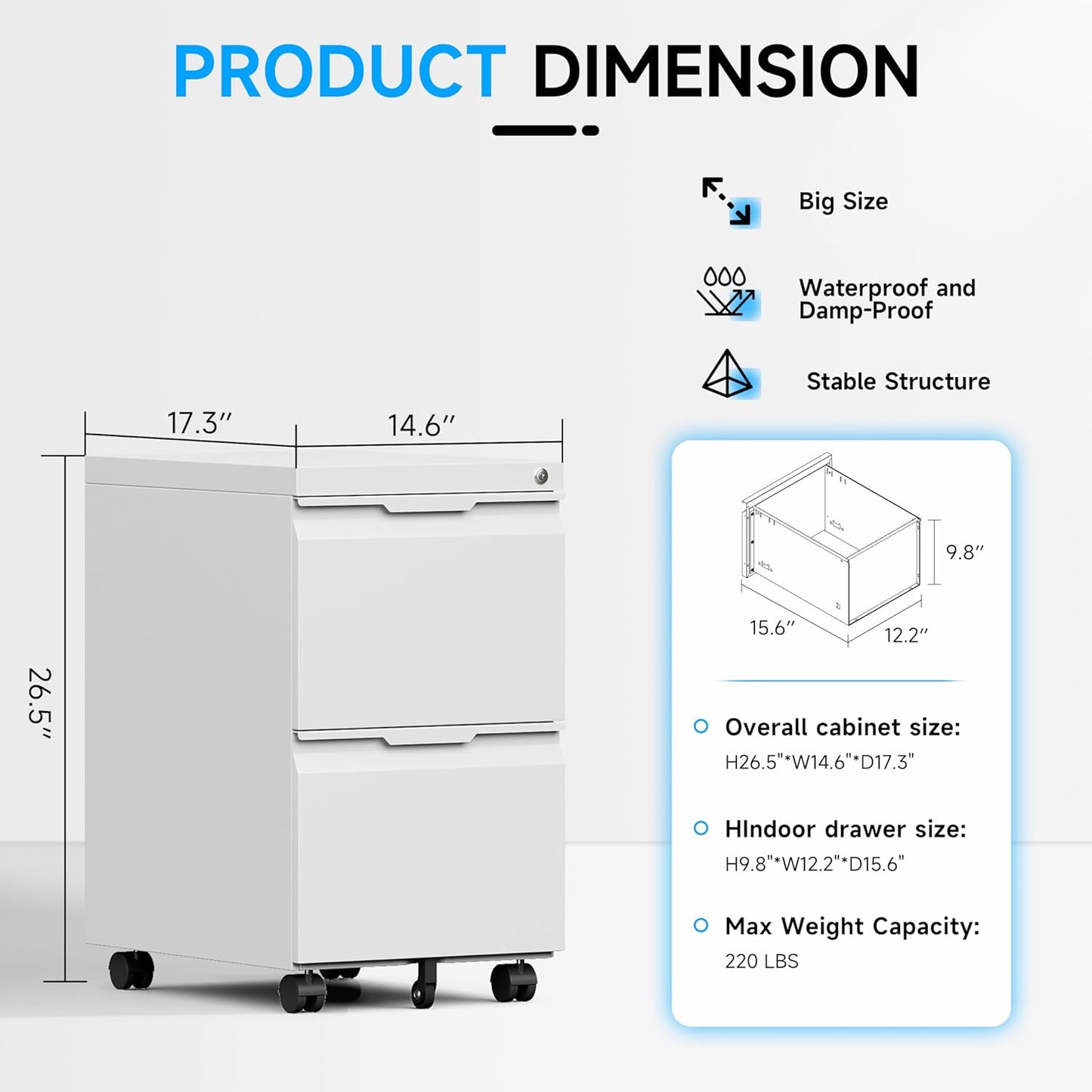 Bestoo 2 Drawer Mobile File Cabinet with Lock, File Cabinet on Wheels for Letter/Legal/A4 File, Metal Rolling File Cabinets for Home Office (White)