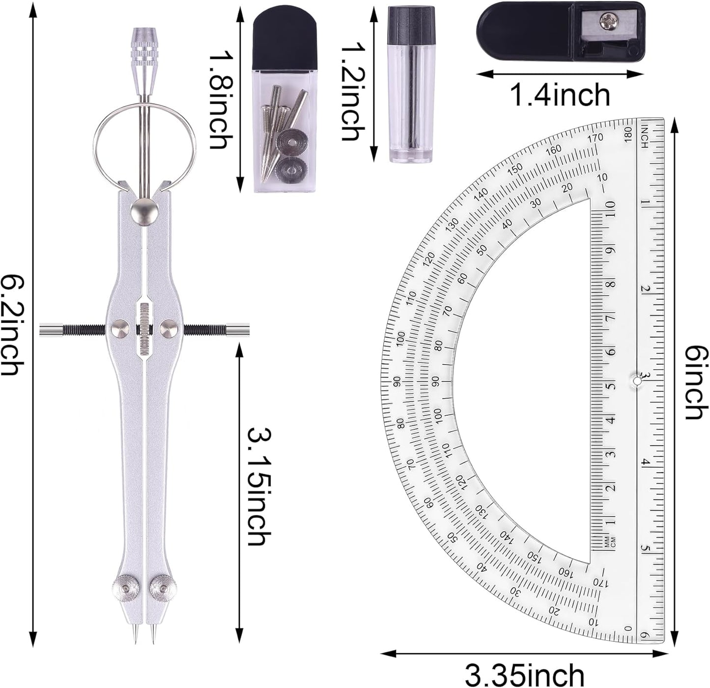 Compass and Protractor Set, Professional Drawing Compass Tool, Metal Compass with Extra Refills, Compass for Geometry and 6 Inch Math Protractors 180 Degree (Yellow)