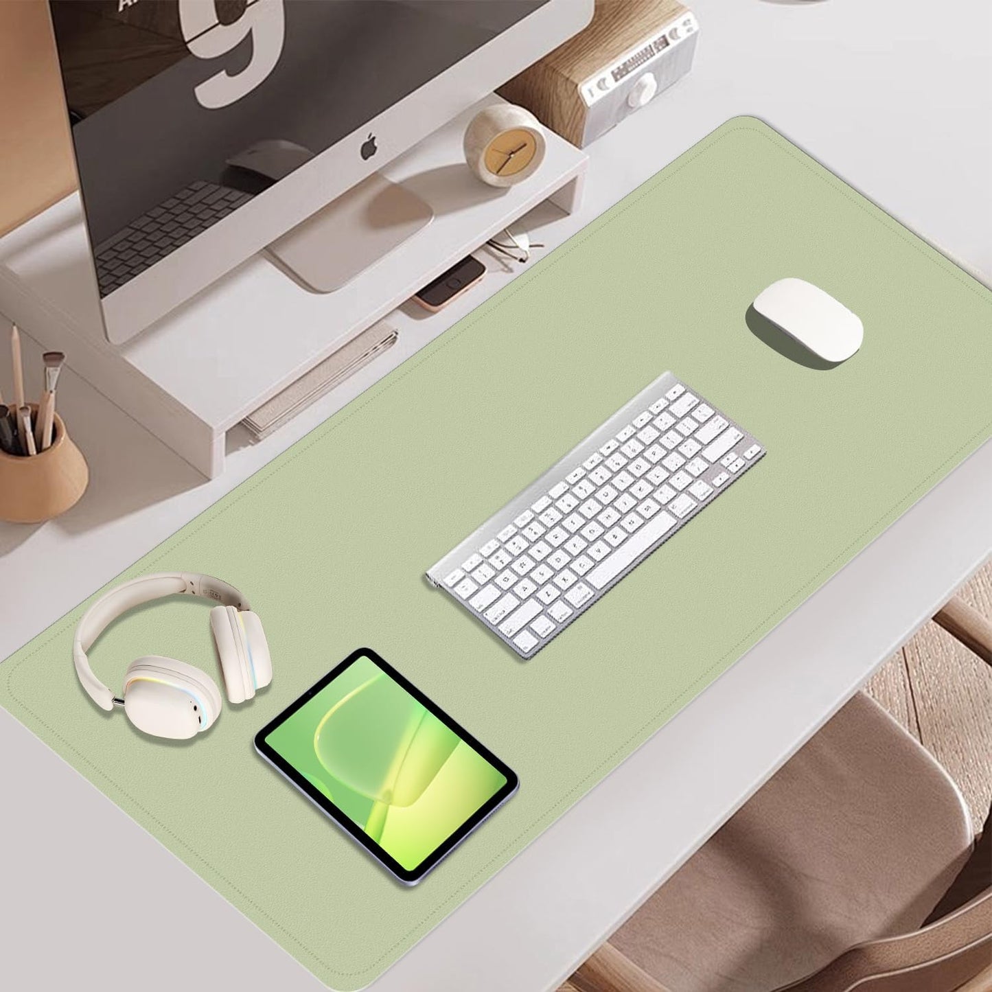 Dual-Sided Desk Pad, Natural Cork & PU Leather Mouse Pad for Desk, Desk Pad Protector, Non-Slip Desk Mat for Office and Home Work, (Matcha, 23.6" x 13.7")