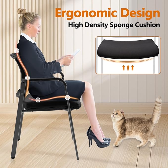 CLATINA Mesh Back Stacking Arm Chairs with Upholstered Fabric Seat and Ergonomic Lumbar Support for Office School Church Guest Reception Black 2 Pack Set