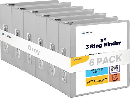 3 Slant D-Ring Binder 3 Inch Grey, 3 in Clear View Cover with 2 Inside Pockets Binder, Heavy Duty Colored School Supplies Binders,Also Available in Green, Red, Purple, Blue, Pink (6 PC) – by Enday
