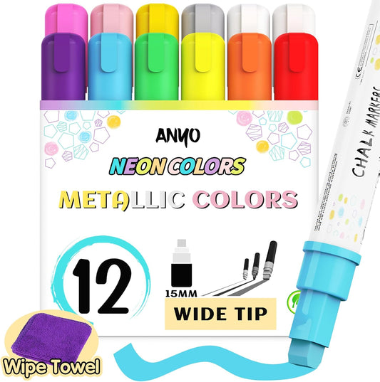 Anyo 12 Pack Window Markers for Cars, Liquid Chalk Markers with 15mm 3 in 1 Nib Jumbo Tip, Metallic & Neon Color Wet Erase Window Paint for Glass Washable, Glass, Mirror, Blackboard, Bistro, Menus