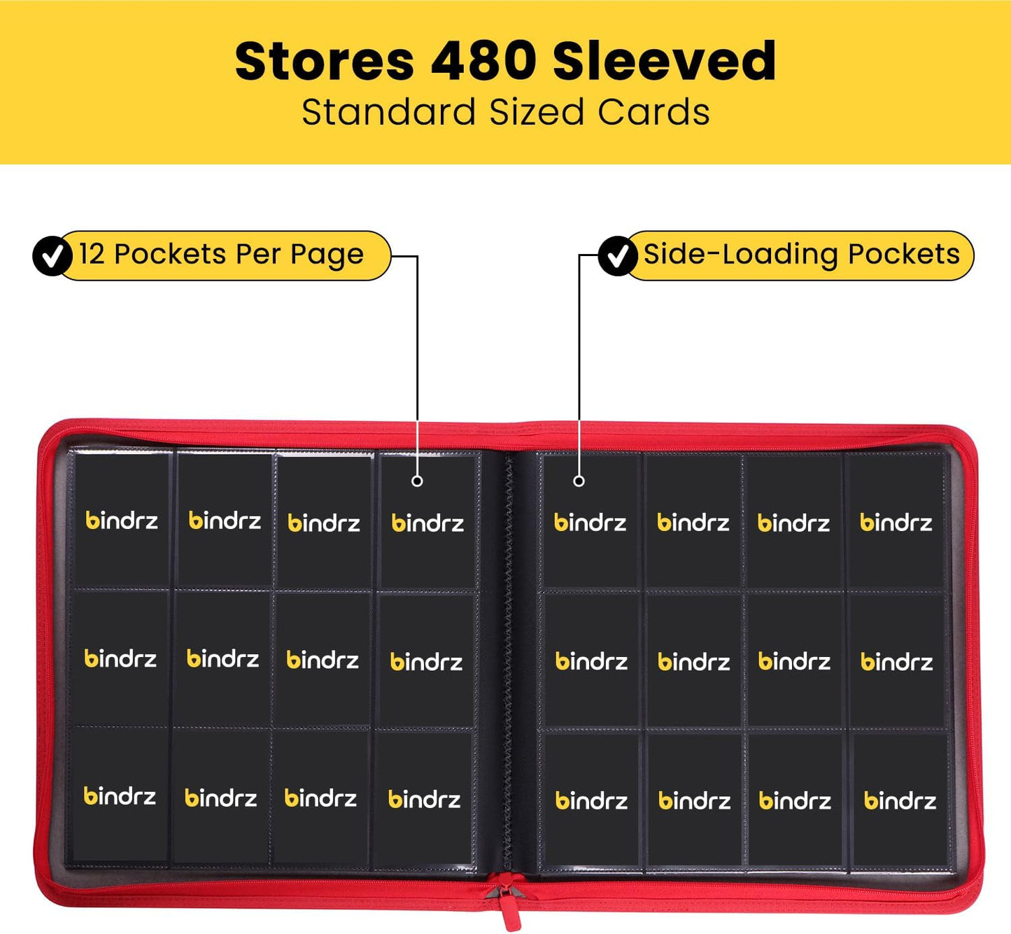 12 Pocket Zipper Binder for 480 Sleeved Trading Cards - Side Loading Pockets Album - Archival Safe Material and Compatible with TCG MTG and Sports Collectibles (Red)