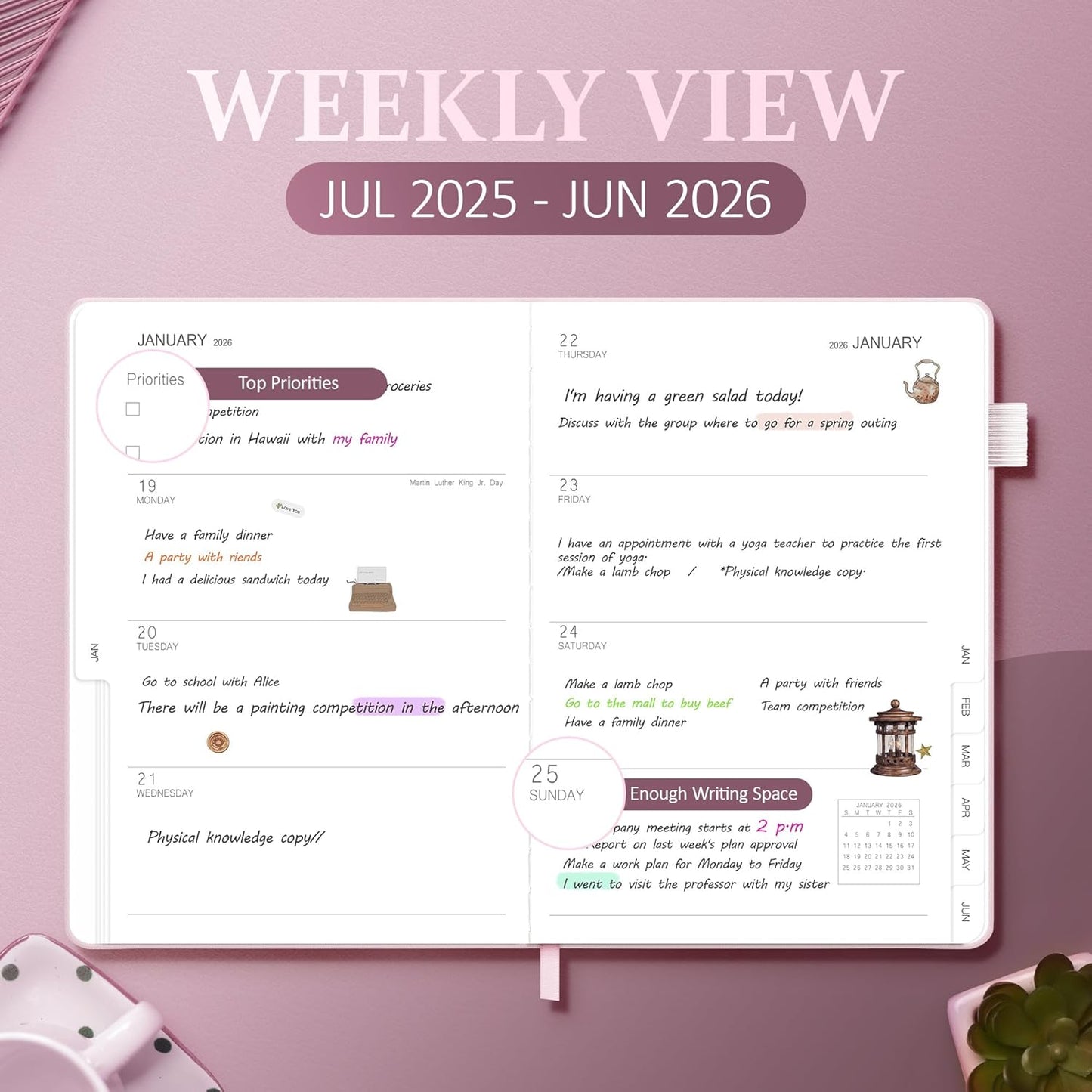 2025-2026 Planner for Women, Lather Weekly & Monthly Organizer, July 2025-June 2026, Hardcover with Gold Foil, Tabs, and Inspirational Pages - Ideal for Professionals, Pink