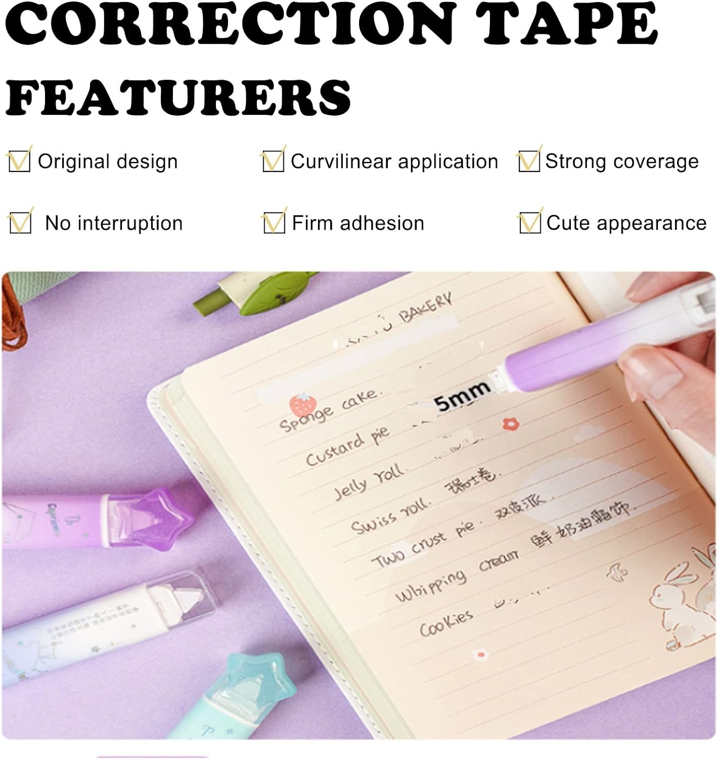 2 in 1 Correction Tape and Double Sided Tape Roller, Cute Quick Dry Japan Correction Tape, with Adhesive Tape Runner,for School Office supplies